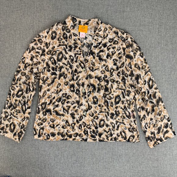 Ruby Rd. Unique Leopard Button Down Blouse Sheer Long Sleeve V-Neckline 6 petite - Picture 1 of 13